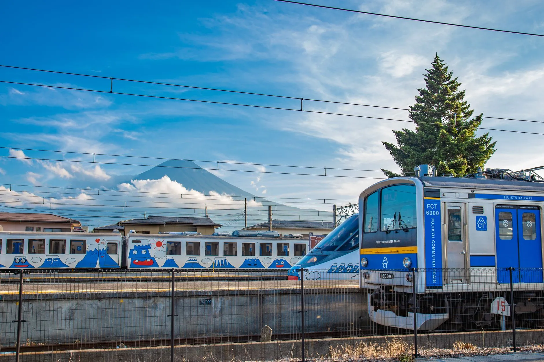 רכבת פוג'יקיו עוברת על רקע הר פוג'י המושלג